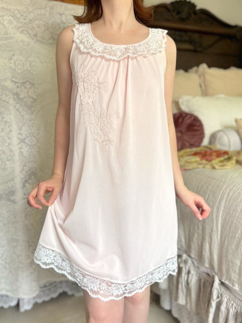 Vintage 60s Pink Babydoll Nightgown, White Lace Ruffles, Floral Embroidery